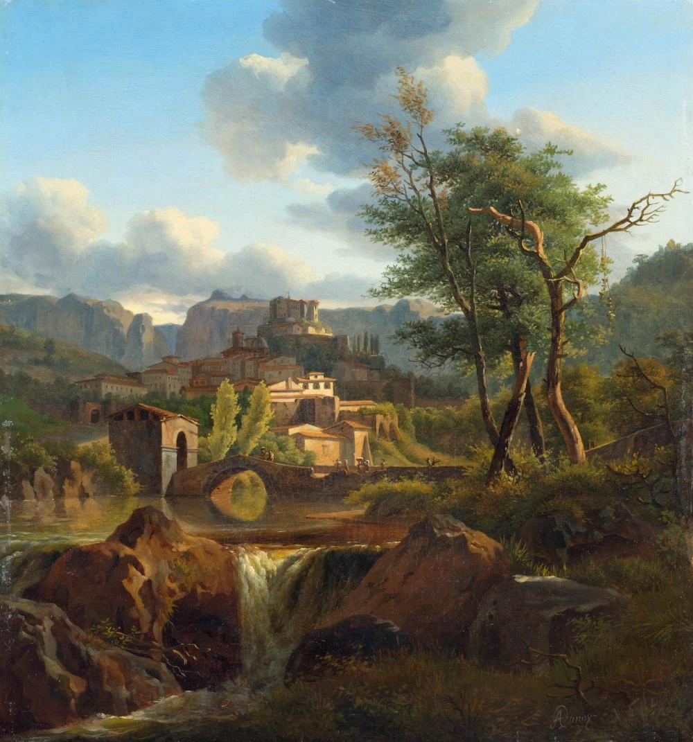 Alexandre Hyacinthe Dunouy - Un paesaggio montano mediterraneo con vista su una cascata e un ponte prima di un villaggio